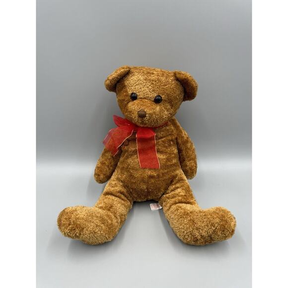 PBC International Brown Sitting Teddy Bear W/ Red Ribbon Bow Tie - Picture 1 of 8